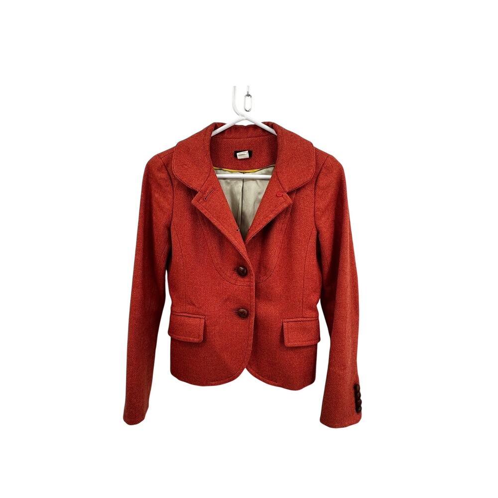 Blazer Orange Tweed Herringbone Brown Leather Buttons J Crew Size 0